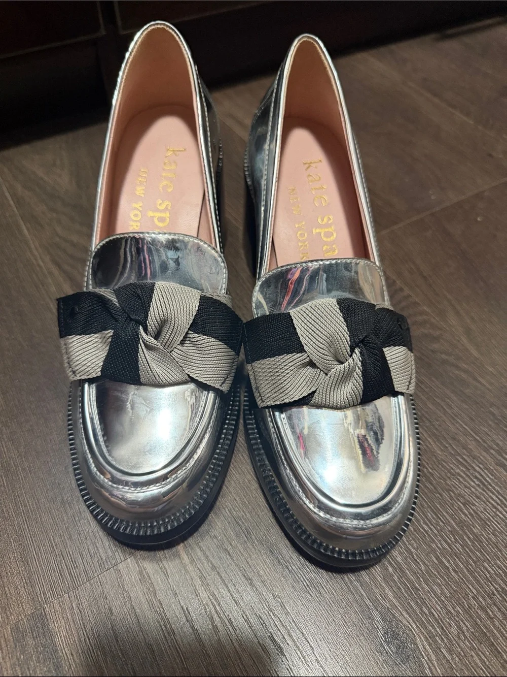 kate spade Metallic Silver Loafers with Black & Beige Bow Accent